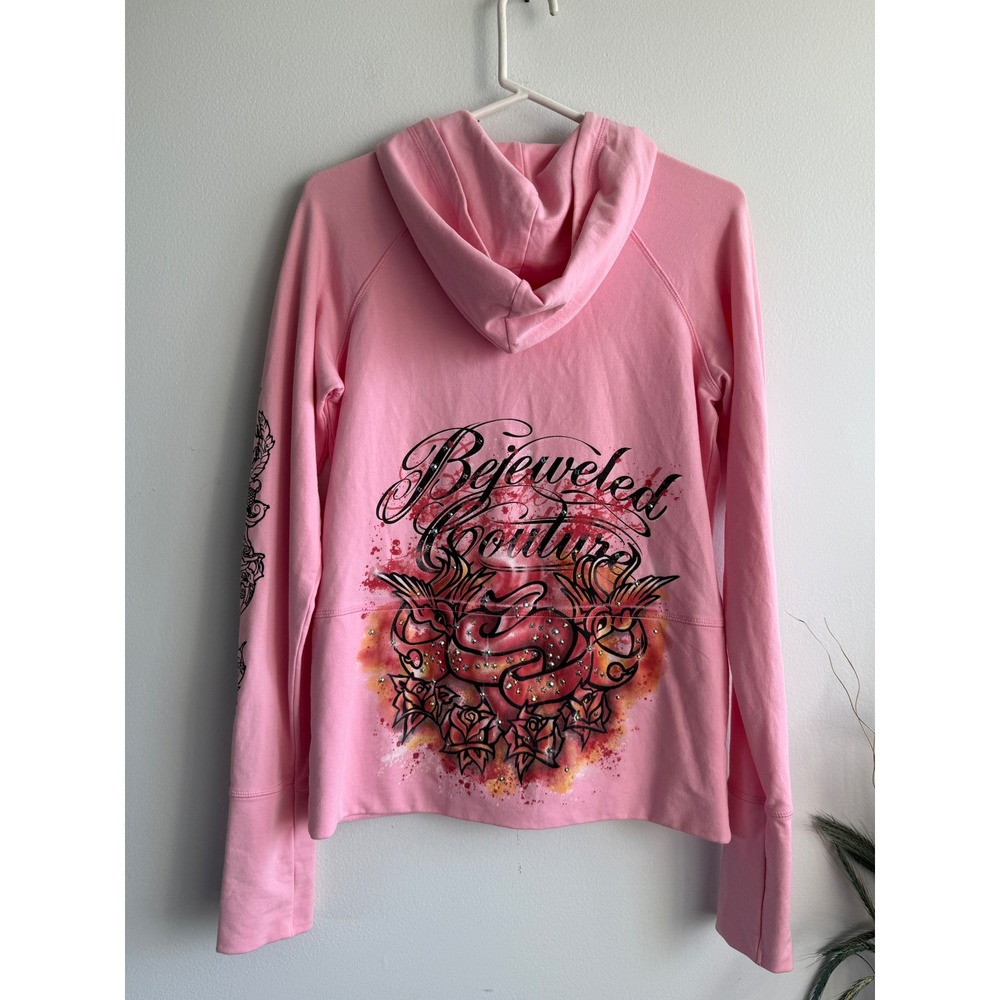 Bejeweled by Susan Fixel Pink Tattoo Graphic Rhinestone Zip Up Hoodie Womens y2k